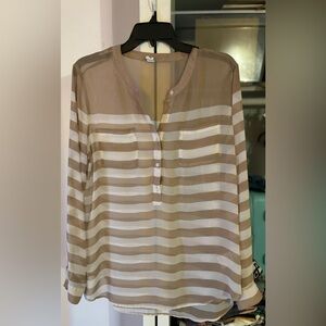 Large old navy tan and white striped long sleeve sheer button down blouse